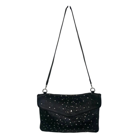 JL Saldivar Handbags - JL Saldivar Black Leather Hand Tooled Studded Large Shoulder Envelope Purse